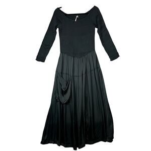 Free People Lucky Love Midi Dress Womens L Smocked Drop Waist Pocket 3/4 Sleeve